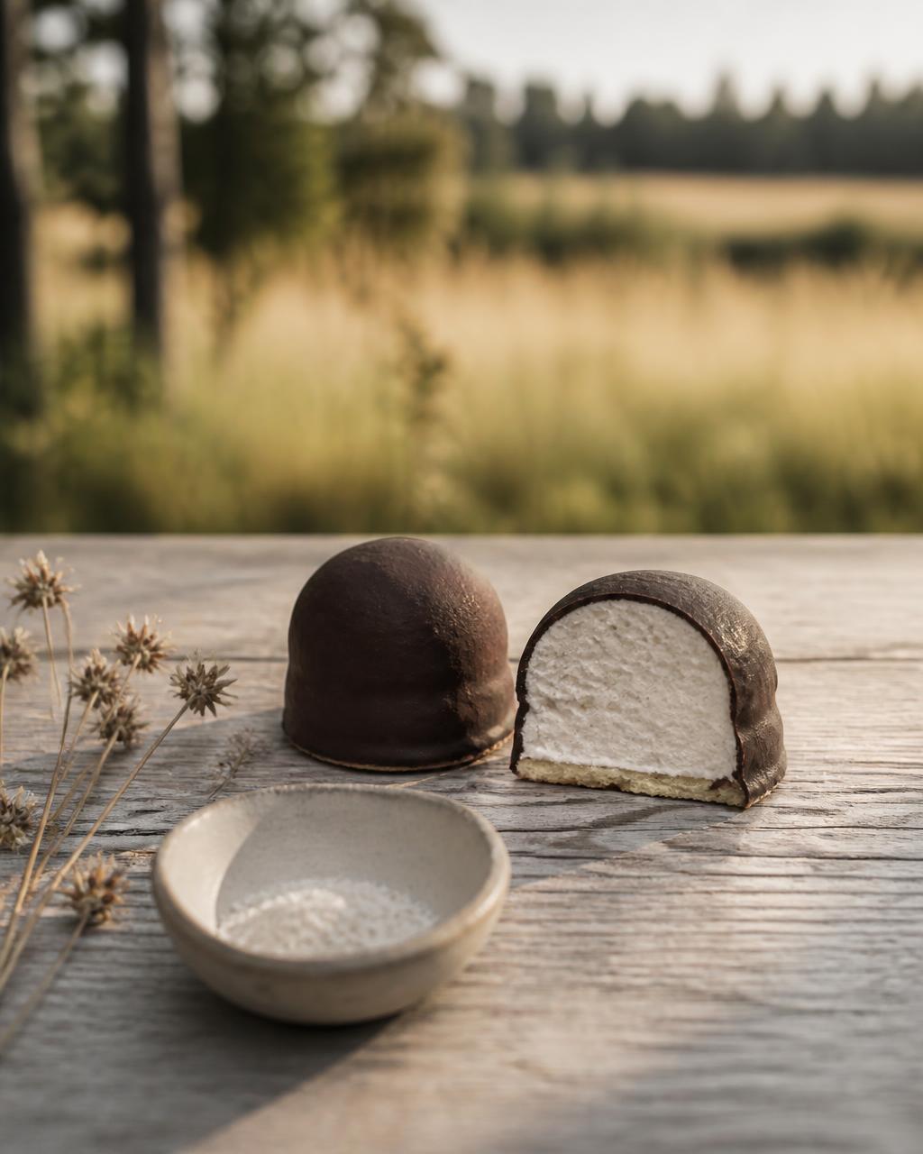 Handmade chocolate-dipped mellow cakes on weathered wood in natural afternoon light