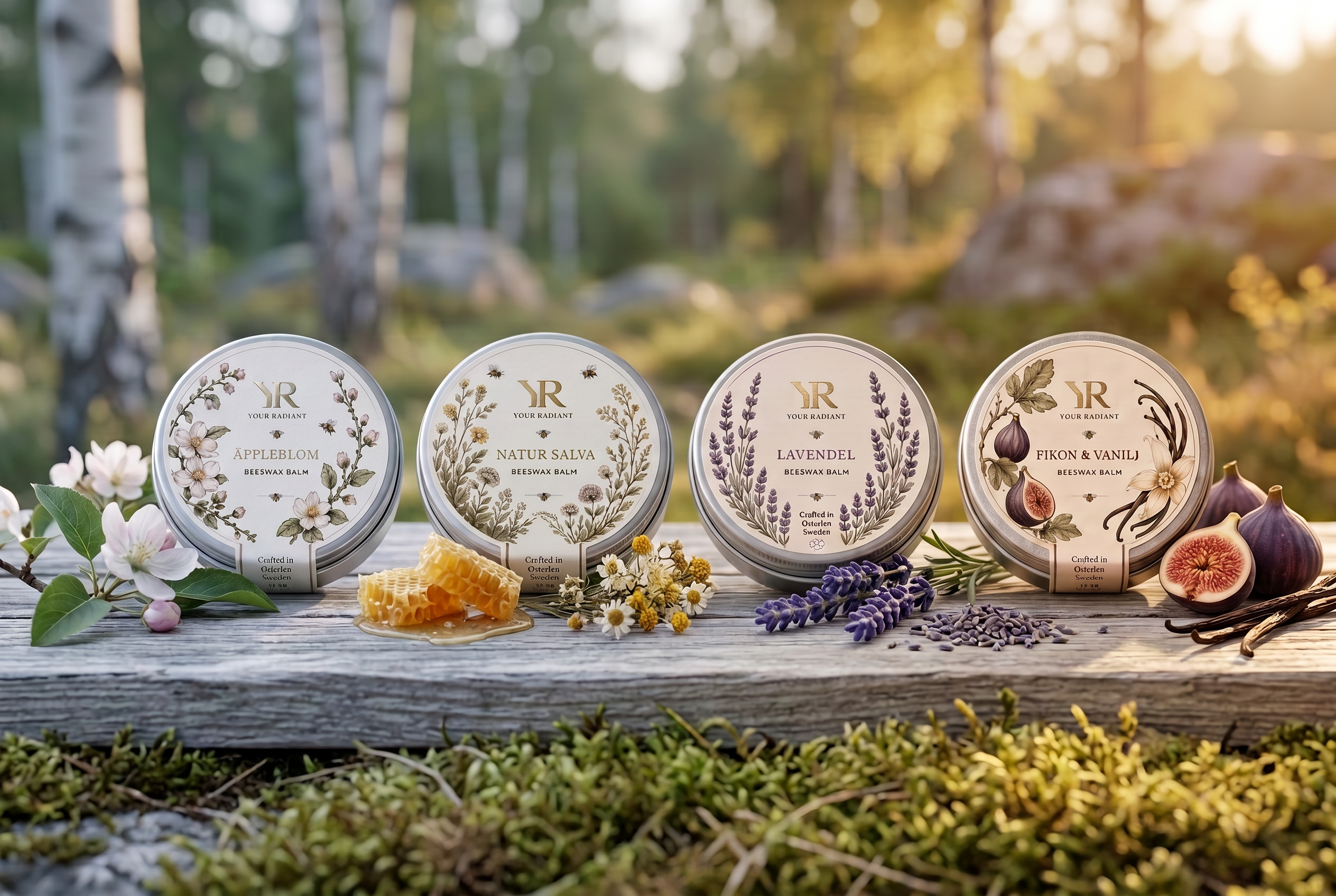 YR beeswax balms — Apple Blossom, Natural Salve, Lavender and Fig & Vanilla in a forest setting