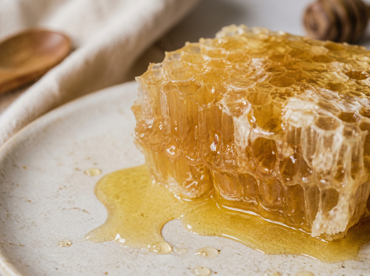 Raw honeycomb and beeswax on a pale ceramic plate