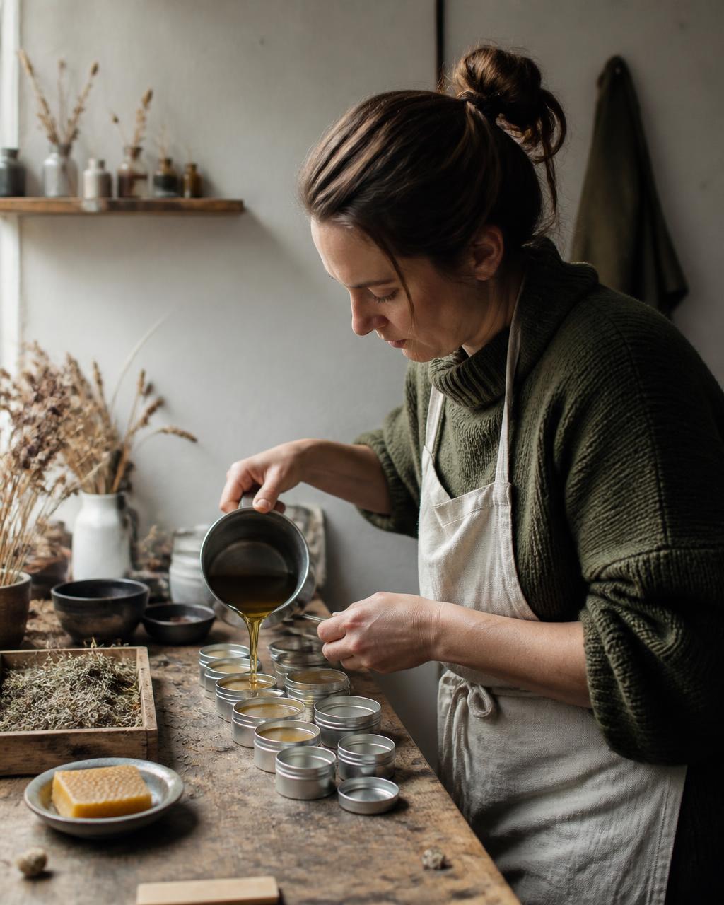 A maker pouring warm beeswax balm into small jars in a workshop