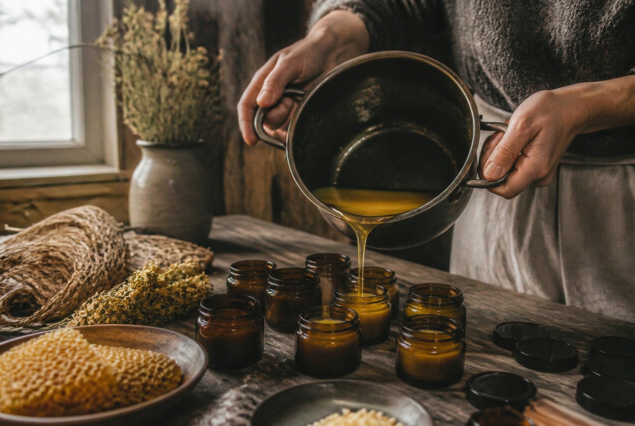 A maker pouring warm beeswax balm into small glass jars in a workshop
