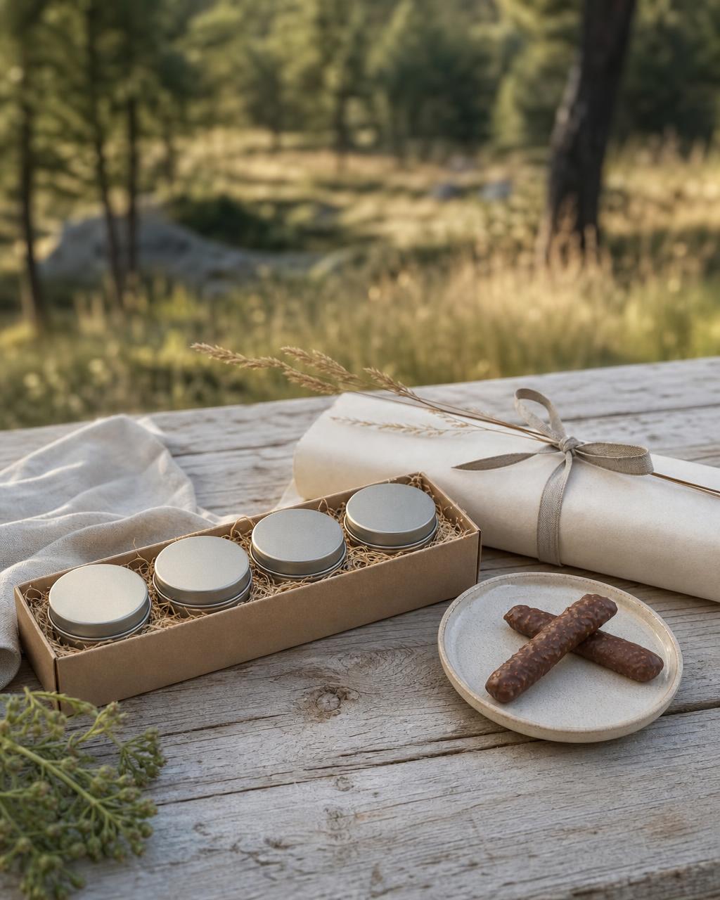 Beeswax balms and mellow cakes arranged on a natural fibre tray